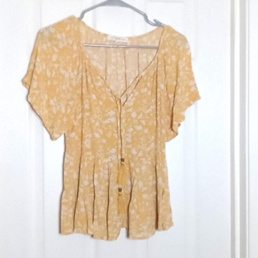 peasant top Rewind boho Mustard Floral Raglan Sleeve Tassel Ties
